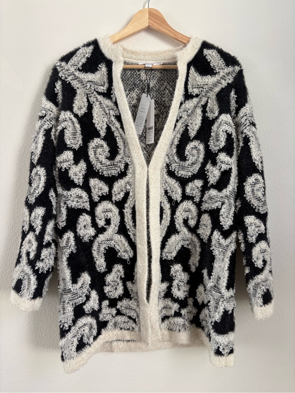 Chico’s Fuzzy Black & Cream Cardigan Sweater (size S NWT)